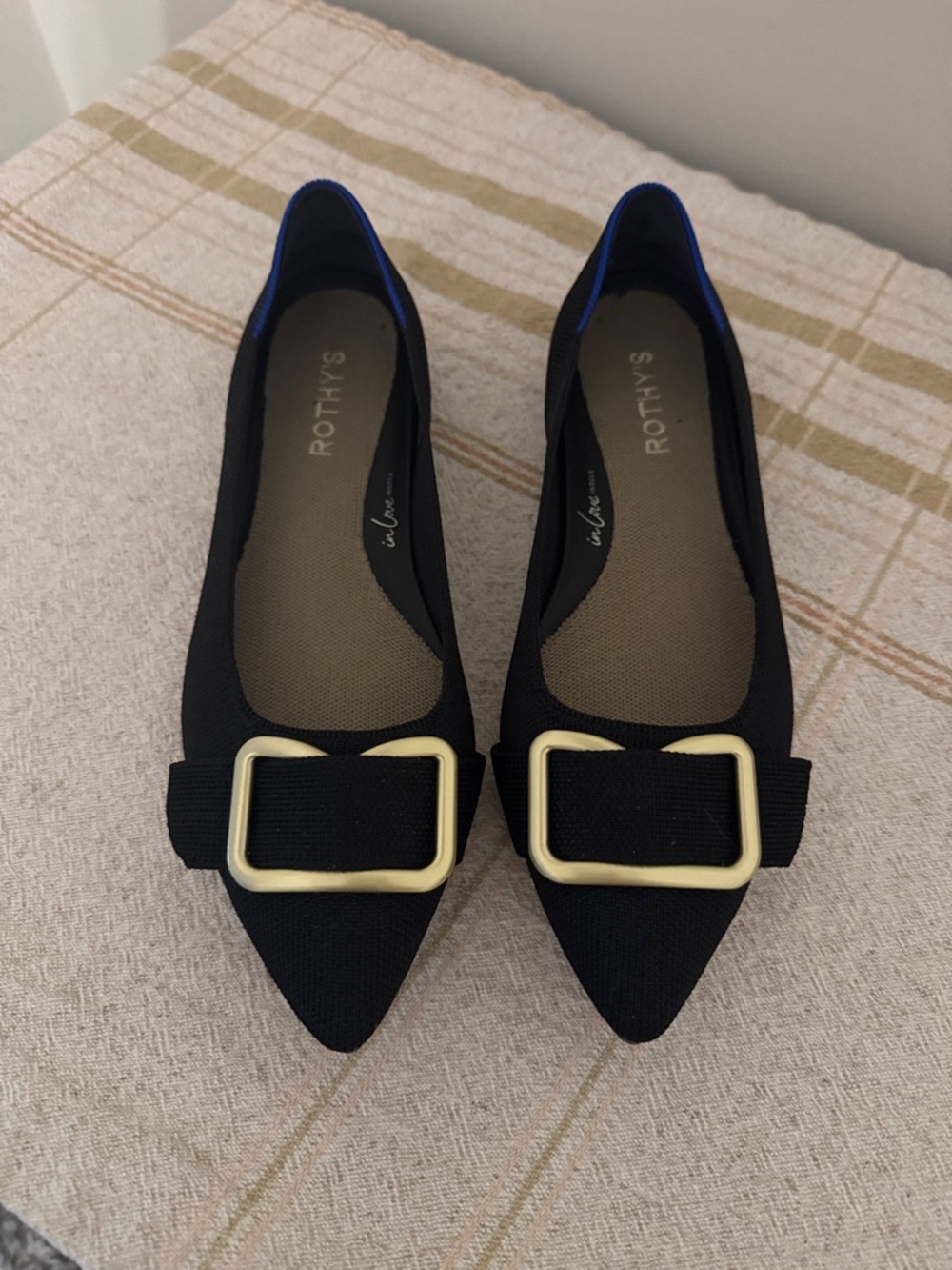 Rothy's Black Pointed Toe Flats with Gold Buckle